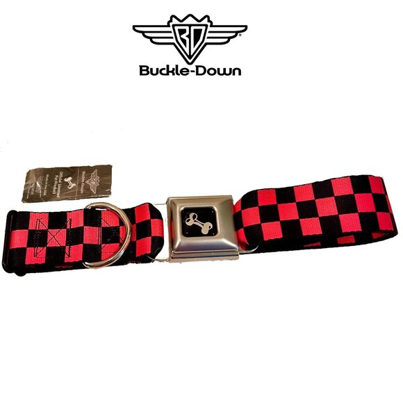 Buckle-Down Seatbelt Buckle Dog Collar - Checker Black/Neon Pink - 1.5" Wide - Picture 1 of 5